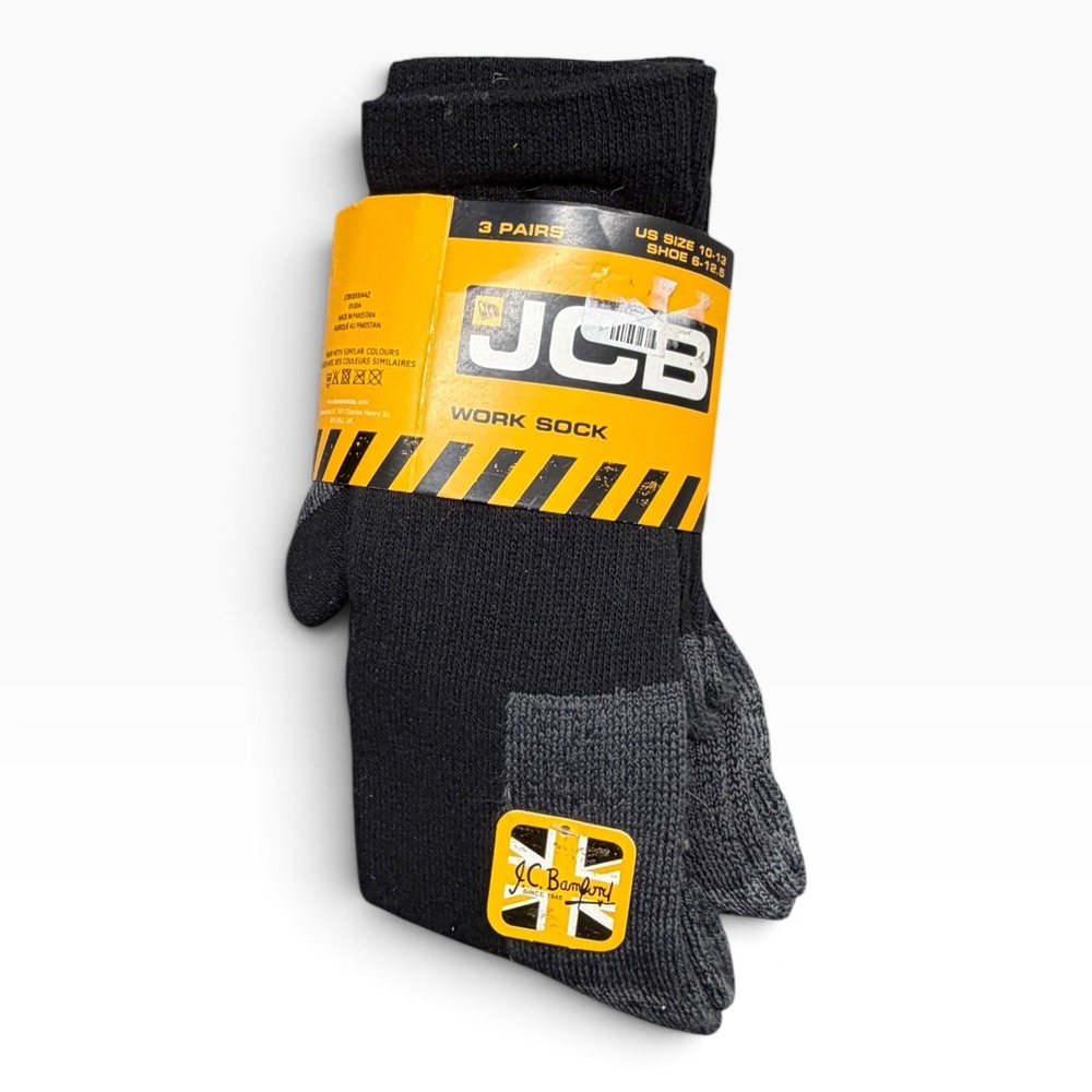 JCB Mens 3 Pack Work Socks Black Grey Reinforced Heel Toe Shoe Size 6-12.5 NEW